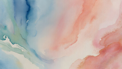 Fototapeta premium Watercolor of a soft pastel abstract background, Smooth blended washes in pink, peach, and sky blue, No defined shapes, only gentle, flowing transitions, Clean white backdrop