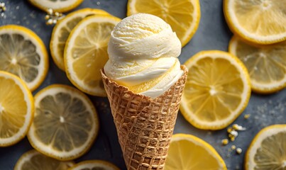 Lemon ice cream in a cone, surrounded by lemon slices, Generative AI