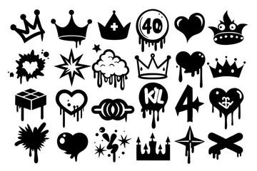 Naklejka premium Colorful graffiti art design featuring hearts crowns stars paint splats isolated on transparent background