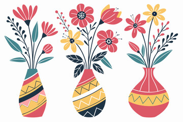 Three vases with colorful floral arrangements