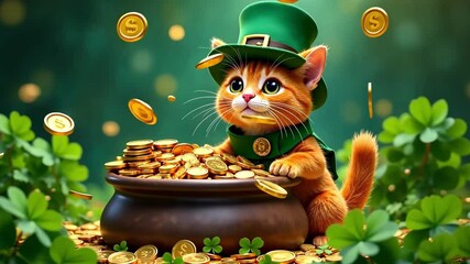 A cheerful happy kitten dressed as a leprechaun holding a pot overflowing with golden coins against a background filled with numerous green shamrocks, celebrating St. Patrick's Day.	