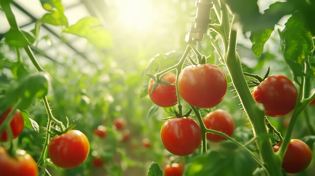 Sunlit Tomatoes Growing in a Modern Automated Greenhouse
