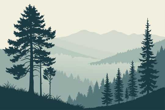Misty mountain landscape with silhouette pine trees
