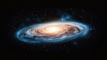 Glowing spiral galaxy with bright core surrounded by swirling arms of stars, gas, and dust, set against dark, star filled cosmic background, evoking wonder and mystery