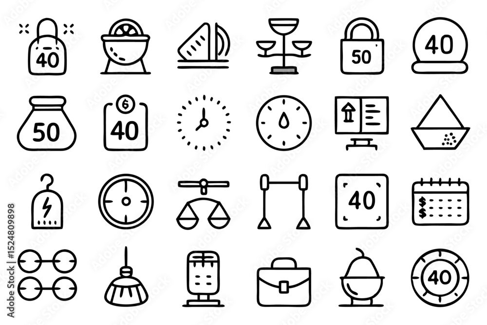 Poster collection of line icons depicting scales weight measurement tools isolated on transparent backgroun