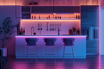 high resolution of Modern kitchen with a bar counter and neon lighting