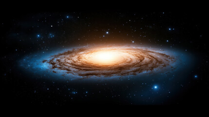 Glowing spiral galaxy in deep space with vibrant colors, surrounded by countless stars and cosmic dust, creating mesmerizing and high fidelity celestial scene