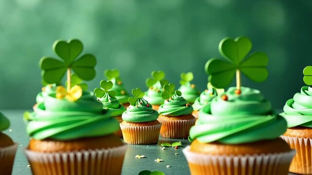 Saint Patrick's Day background with Three green cupcakes with gold sprinkles on top. The cupcakes are decorated with shamrock sprinkles 