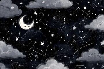 Whimsical Cartoon Night Sky with Sleeping Moon and Constellations