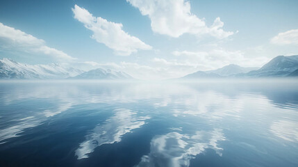 Fototapeta premium Tranquil Seascape with Calm Waters and Majestic Mountain Range