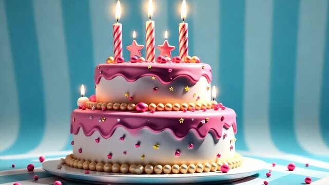 Cartoon tasty Birthday Cake with Lit Candles and Colorful Sprinkles, Perfect for Celebrations, on blue and white Background with Copyspace for Text.