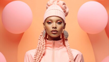 Fototapeta premium Stylish Woman in Pink Fashion, Balloons - Pastel colors