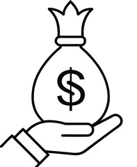 Outline Icon of Hand Holding Money Bag with Dollar Sign