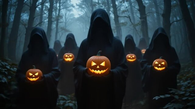 Group of spooky hooded figures holding glowing jack o lantern pumpkins in a misty forest, creating a mysterious and scary Halloween atmosphere. 4k video