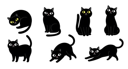 Obraz premium Adorable Black Cat Illustrations Six Poses for Your Creative Projects