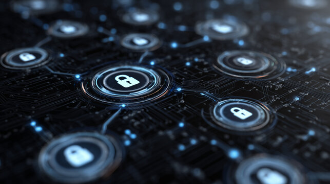 Abstract digital network with connected lock icons representing cybersecurity, data protection, and online safety for technology concepts