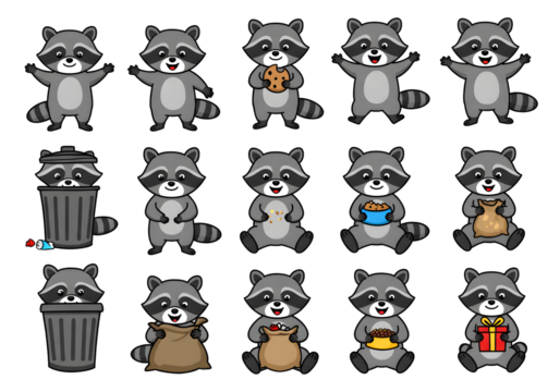 Adorable Raccoon Cartoon Characters A Collection of Cute Poses and Expressions