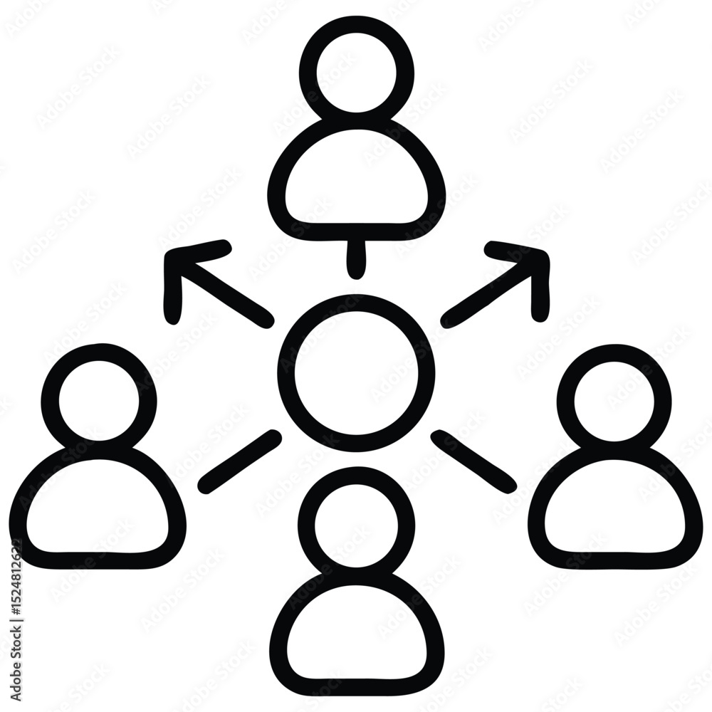 Poster network communication icon central node connecting people, arrows illustrating interaction and conne