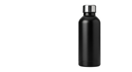 Fototapeta premium Sleek black reusable water bottle with stainless steel cap against a stark black background.