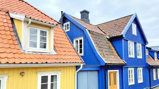 Charming Blue Houses Scandinavian Architecture Row of Colorful Buildings Coastal Town Homes