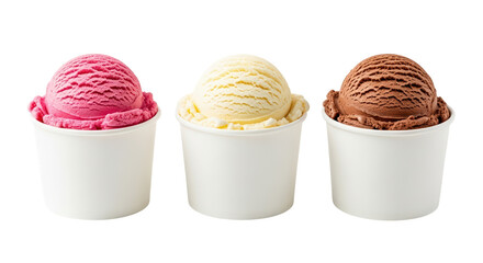 Three paper cups filled with sweet pink, white and chocolate ice cream on a black background