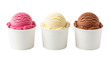 Three paper cups filled with sweet pink, white and chocolate ice cream on a black background
