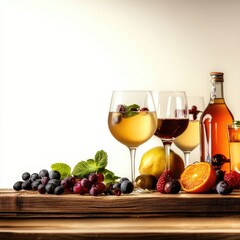 Still life of wine, fruit, and glassware on wood