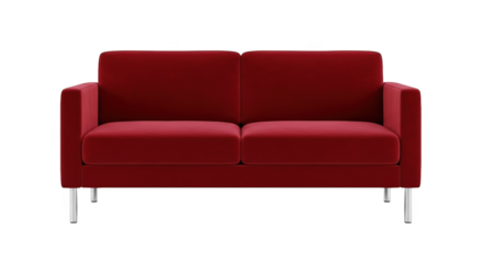 A modern two-seater sofa with vibrant red upholstery and metal legs stands against a dark backdrop.