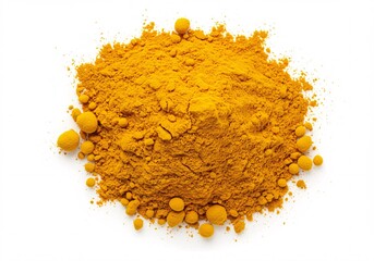 Bright Yellow Turmeric Powder and Small Balls Isolated on White Background