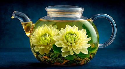 Elegant glass teapot filled with tea and vibrant chrysanthemums against a dark blue background