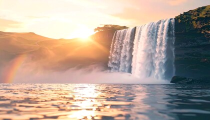 Majestic Waterfall Sunset Landscape - Golden Hour Photography