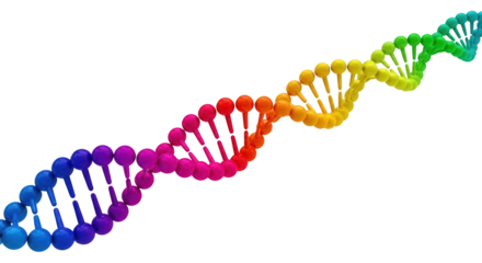 Abstract rendering of a DNA double helix structure displayed in a vibrant rainbow gradient on black.