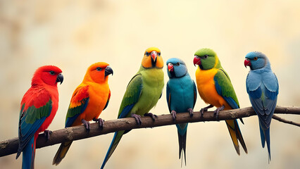 A group of colorful parrots perched on a tree branch