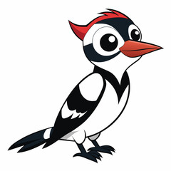Cartoon woodpecker with large eyes and red crest stands cheerfully on a white backdrop