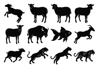 Silhouette Collection of Sheep, Goats, Bison, Fish, and Tigers – Farm and Wild Animal Vector Set on white background