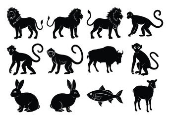 Silhouettes of Lions, Monkeys, Rabbits, Bison, Fish, and Sheep – Animal Vector Icon Collection on white background