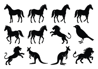 Silhouettes of Horses, Lions, Kangaroos, and Bird – Animal Vector Icon Set on white background