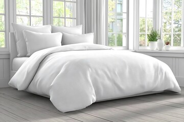 Elegant white bedding ensemble on a bed with pillows and duvet cover in a bright bedroom setting