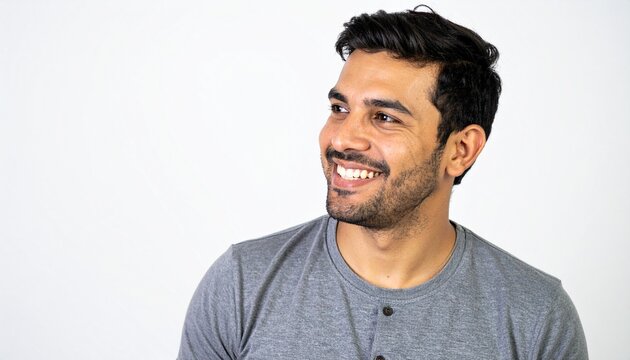Close-up portrait of a handsome man with a happy smile looking to the left sideways.