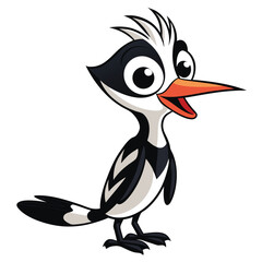 Cute cartoon woodpecker with large eyes looks curious while standing tall on a plain backdrop