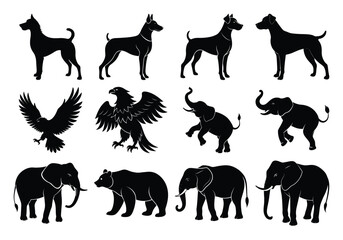 Silhouettes of Dogs, Elephants, Eagles, and Bear on White Background – Animal Vector Collection