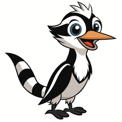 Cheerful cartoon woodpecker stands smiling with a white crest and striped tail feathers