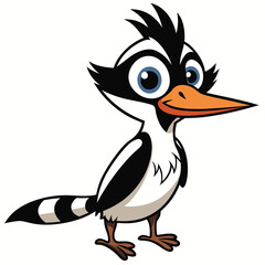 The cartoon kingfisher bird stands alert, featuring orange beak and playful stripes