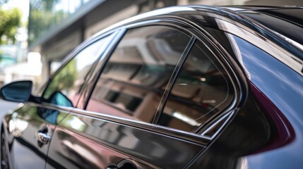 Side view of car window tint, ceramic film provides heat rejection and UV protection with stable color, car film installed on the glass surface of the , selected focus car tinting service