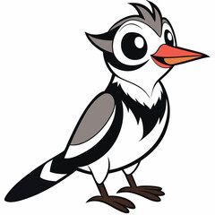 Cartoon woodpecker, standing with distinct black, white, gray markings, and reddish beak looks cheerful