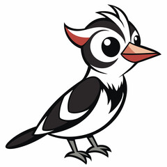 Cartoon woodpecker perches looking left with a blend of black, white, and red feathers