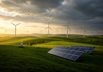 HDR Golden Hour Renewable Energy Landscape with Wind Turbines and Solar Panels