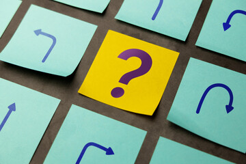 Economic uncertainty symbolized by arrows and a question mark, reflecting volatility and lack of clear direction