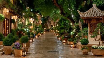 Enchanting garden path with lush greenery, lanterns, and a pagoda-style structure at night