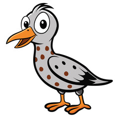 Spotted cartoon bird with orange beak and feet stands happily, isolated on a white background